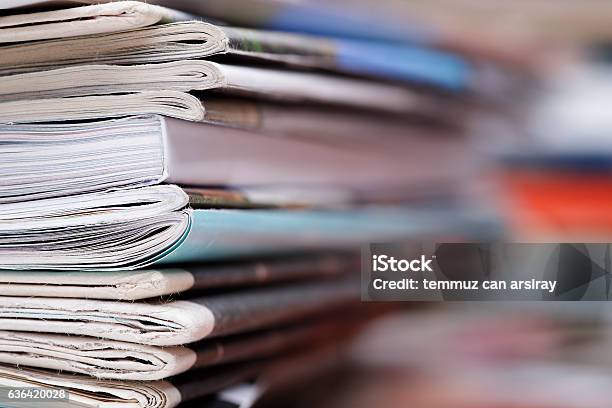Stack Of Newspaper And Magazines With Copy Space Stock Photo - Download Image Now - Magazine - Publication, Stack, Newspaper