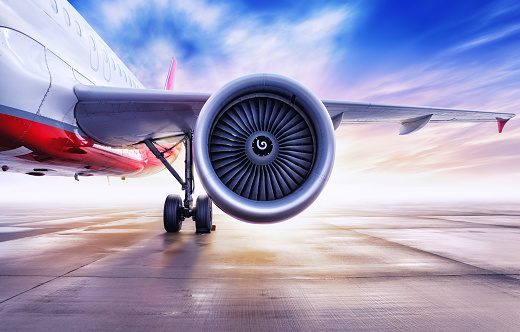 turbine of an airplane against the sun