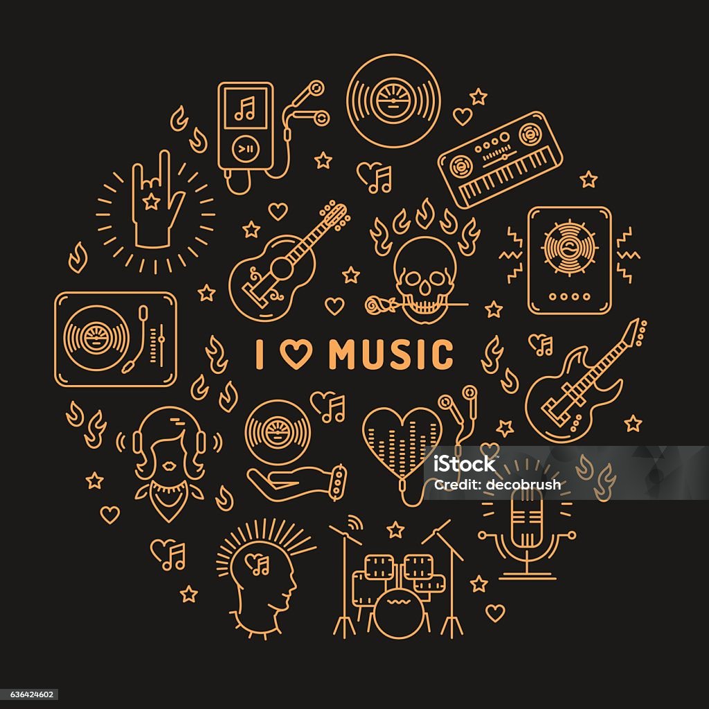 I love music line art icons Isolated circle infographic I love music - inspiring quote, line art icons, circle infographic on a dark background. Isolated illustration for musical poster, cards, banners, flyers, brochures. Music studio moderm vector Music stock vector