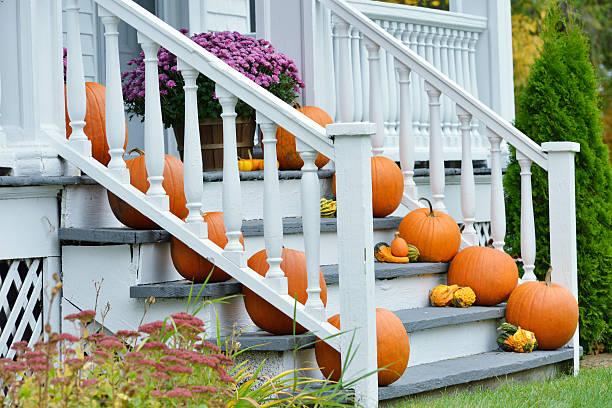 Bright orange pumpkins neatly arranged on green wooden racks in front of a rustic red barn under a clear blue autumn sky, symbolizing harvest season and Halloween traditions in the USA. High quality photo