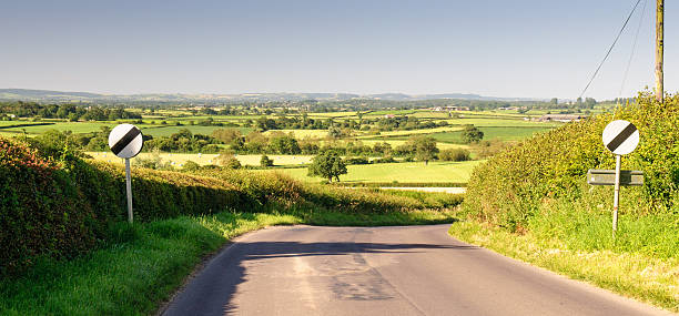 Country lane in Dorset's Blackmore Vale A narrow country lane with national speed limit signs descends a hill through dairy pasture fields at Cox Hill in Marnhull, in the rolling landscape of Dorset's Blackmore Vale. blackmore vale stock pictures, royalty-free photos & images