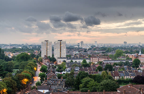 Tooting cityscape Streets of terraced house and council estate tower blocks form the cityscape of Tooting and Earlsfield in south west London. wandsworth photos stock pictures, royalty-free photos & images