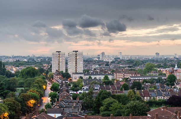 Tooting cityscape Streets of terraced house and council estate tower blocks form the cityscape of Tooting and Earlsfield in south west London. wimbledon stock pictures, royalty-free photos & images