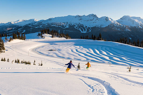 istock Couple skiing on a sunny powder day 636443770