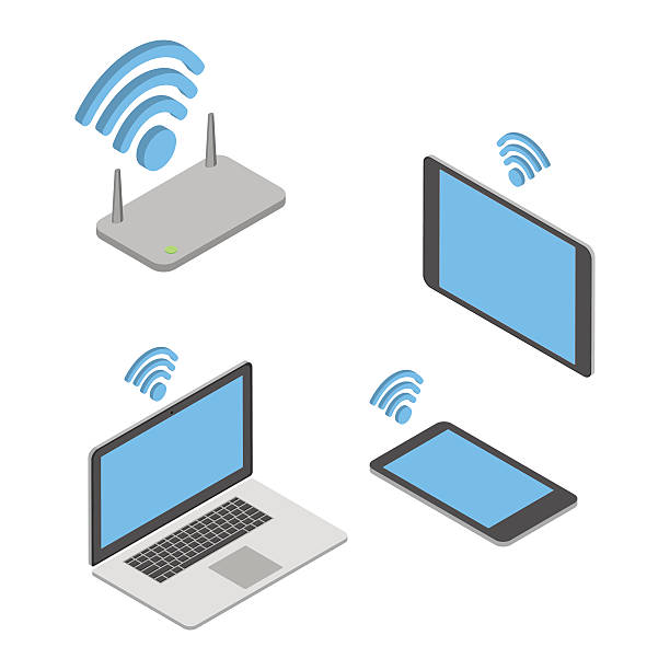 technologie bezprzewodowe. koncepcja różnych bezprzewodowych urządzeń mobilnych. izometryczny - router wireless technology modem equipment stock illustrations