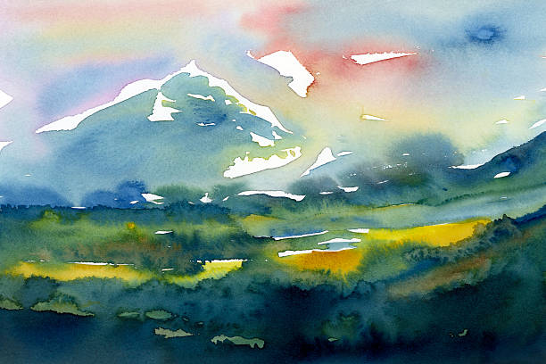 watercolor  landscape with mountains  painting
