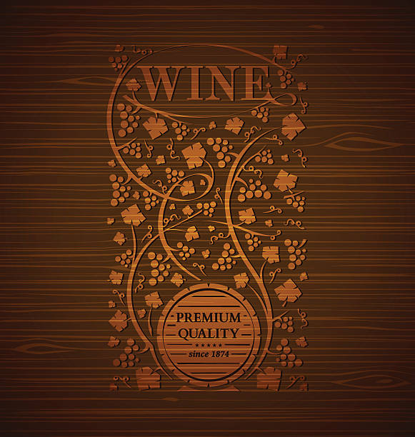 Vector wine emblem Vector wine emblem with grape bunches and grape leaves on a wooden background oak fire stock illustrations