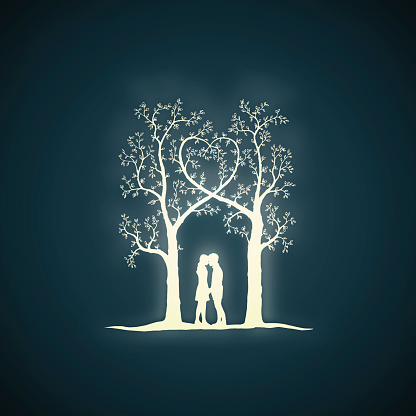 Two trees show their affection in which they are in contact with their branches and form a heart. Under the two trees, a girl and a man show her love - own draw, black on white background - love concept