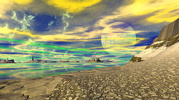 istock Fantasy alien planet. Mountain and lake. 3D illustration 636479116