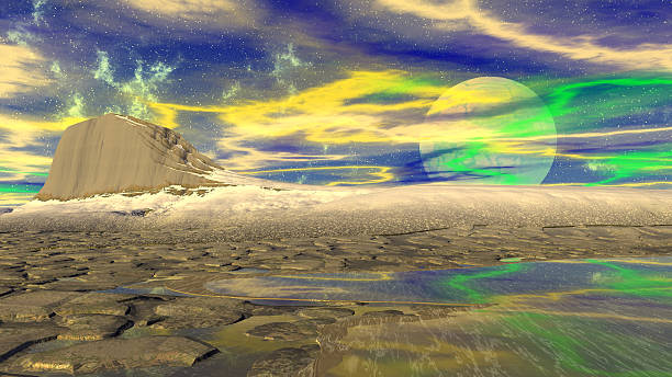 istock Fantasy alien planet. Mountain and lake. 3D illustration 636479144