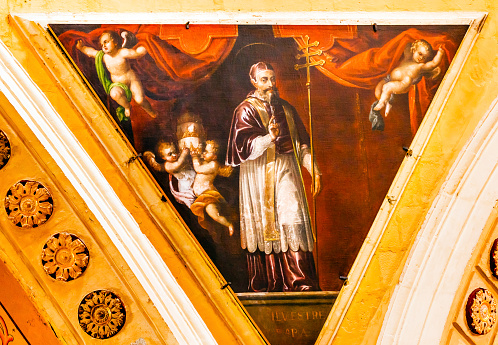 Guanajuato, Mexico - January 1, 2015: Pope Sylvester, First French Pope, Painting Our Lady of Guanajuato Basilica Guanajuato, Mexico Basilica de Nusetra Senora Guanajuato, Mexico