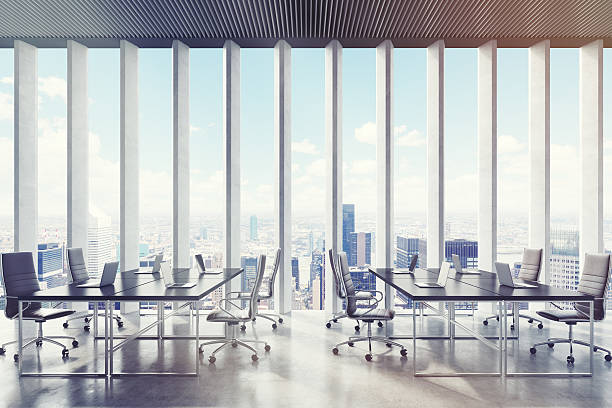istock Conference room with narrow window shades, toned 636488796
