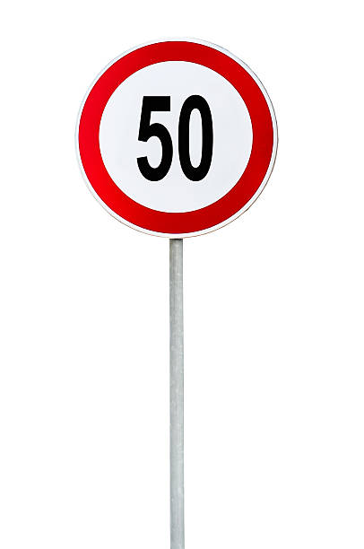 istock Round speed limit 50 road sign isolated on white 636488814