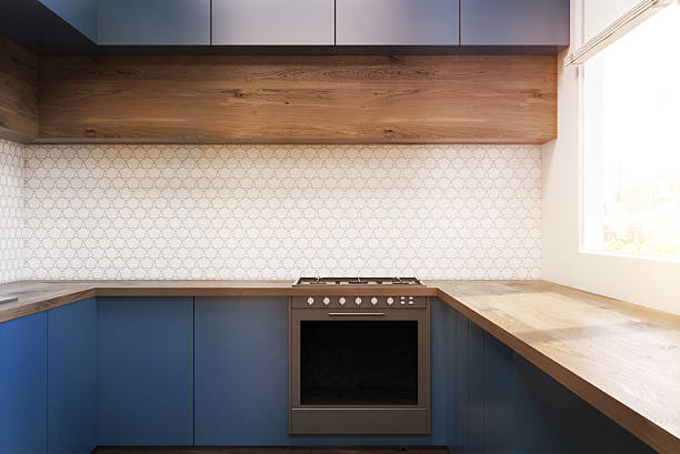 istock Kitchen interior with blue furniture, toned 636489882
