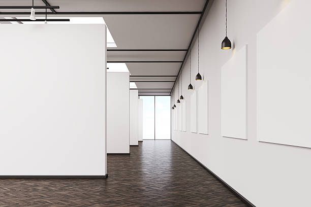istock Long corridor in art gallery with dark wood floor 636492882
