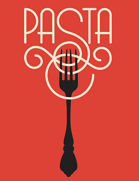 Pasta vector design Vector logo or badge featuring the word pasta spelled out of spaghetti or linguine with the ornate S wrapping around a fork. italian cuisine stock illustrations