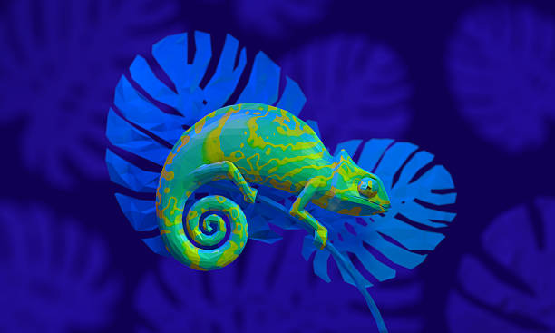 helles grünes chamäleon, 3d-rendering. ansichtsseite - chameleon africa rainforest leaf stock-fotos und bilder