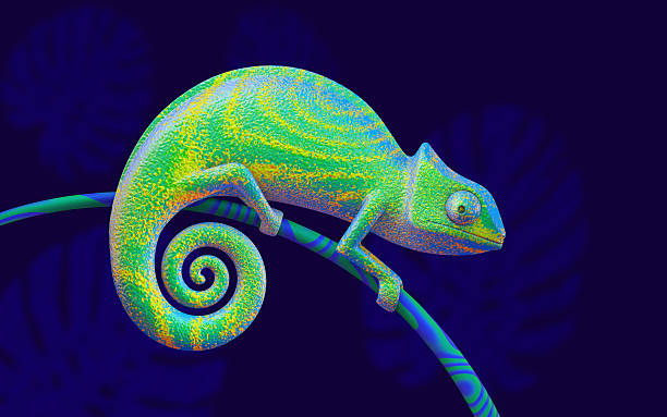 helles grünes chamäleon auf zweig, 3d-rendering. ansichtsseite - chameleon africa rainforest leaf stock-fotos und bilder