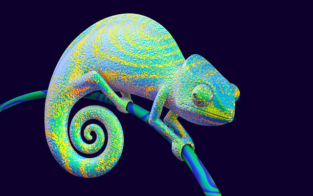 明るい緑色のカメレオン、3dレンダリング。 - chameleon africa rainforest leaf ストックフォトと画像