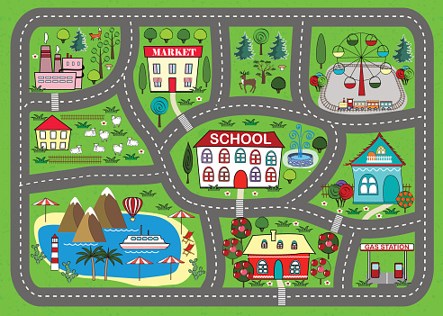 Lovely city car track. Play mat for children activity and entertainment. Sunny city landscape with streets, factory, buildings, farm, and plants.