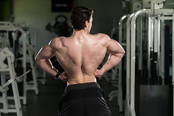 Bodybuilder Flexing Rear Lat Spread Pose Portrait Of A Young Physically Fit Man Showing His Well Trained Body - Muscular Athletic Bodybuilder Fitness Model Posing After Exercises lat spread bodybuilder stock pictures, royalty-free photos & images