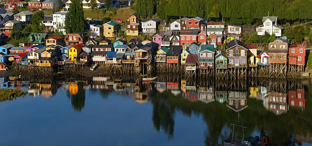 Stilts at the edge of the sea at Castro city in Chiloe island, Chile, Southamerica
