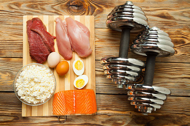 istock Protein diet, fish, cheese, eggs, meat, chicken and dumbbells 636508454