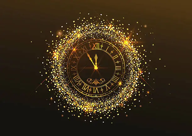 Vector illustration of Midnight New Year. Clock with Roman numer