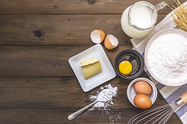 istock baking background with raw eggs, butter and flour 636510650