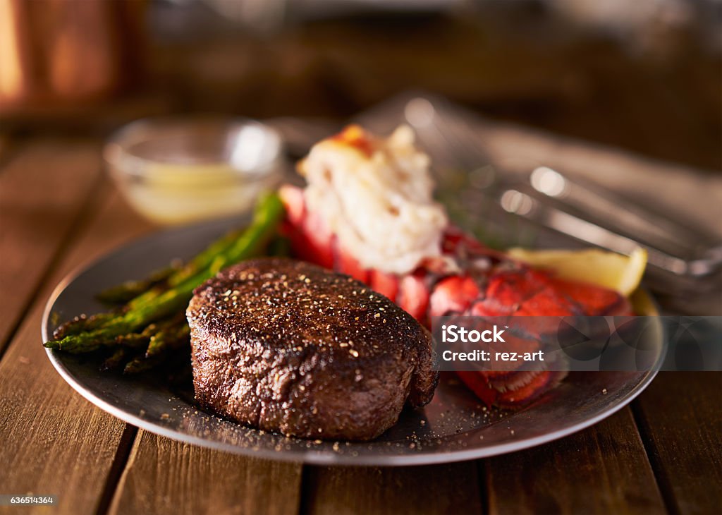 filet mignon steak with lobster tail surf and turf meal Steak Stock Photo