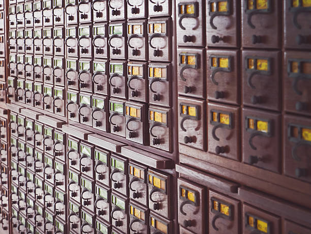 istock Wooden boxes for index cards in library 636515728