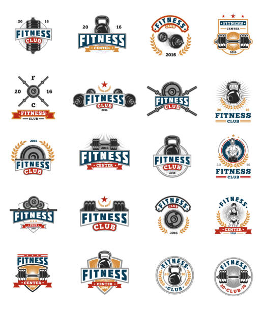 Set bodybuilding badges, stickers isolated on white. Set of vector color bodybuilding emblems, badges, stickers isolated on white. fitness-center-icon stock illustrations