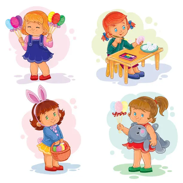 Vector illustration of Set clip art illustrations with young children on Easter theme