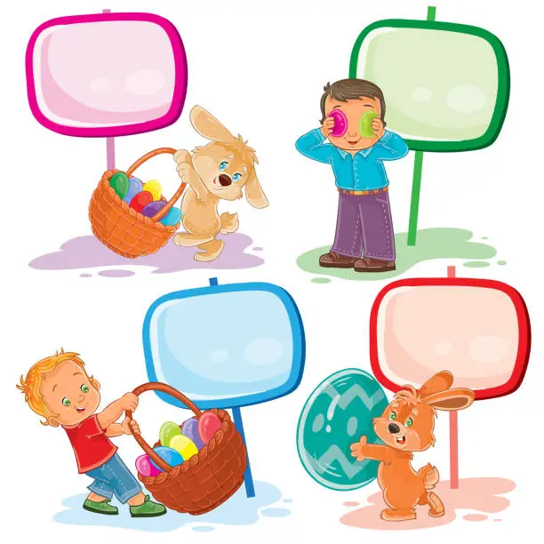 Vector illustration of Set clip art illustrations with young children on Easter theme