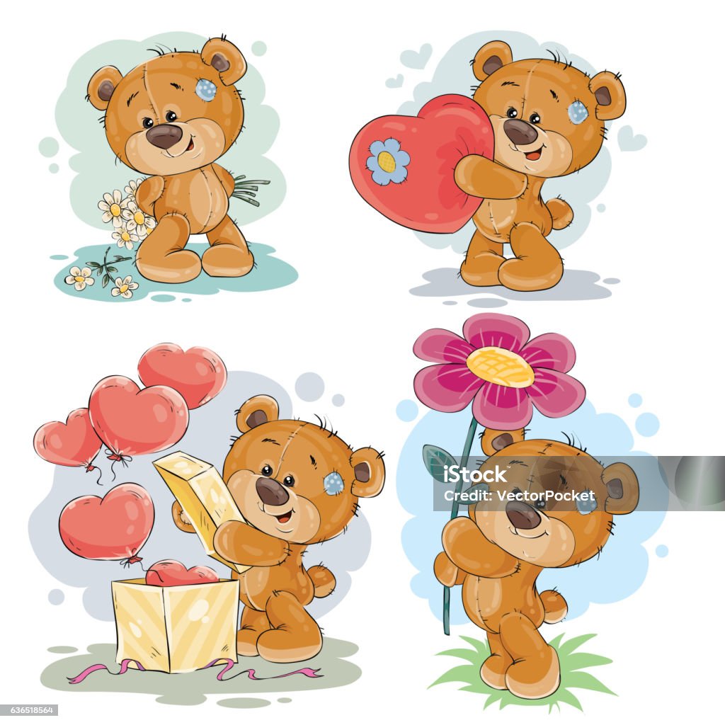 Set vector clip art illustrations of teddy bears Set of vector clip art illustrations of enamored teddy bears in various poses - holding a bouquet of flowers, heart, unpacks the gift Animal stock vector