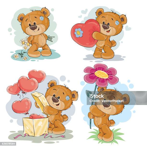 Set Vector Clip Art Illustrations Of Teddy Bears Stock Illustration - Download Image Now - Animal, Baby - Human Age, Book