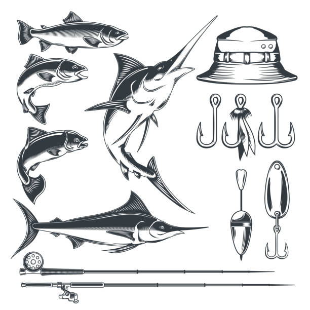 釣りのテーマにベクトルアイコンを設定します。 - fisherwoman点のイラスト素材／クリップアート素材／マンガ素材／アイコン素材