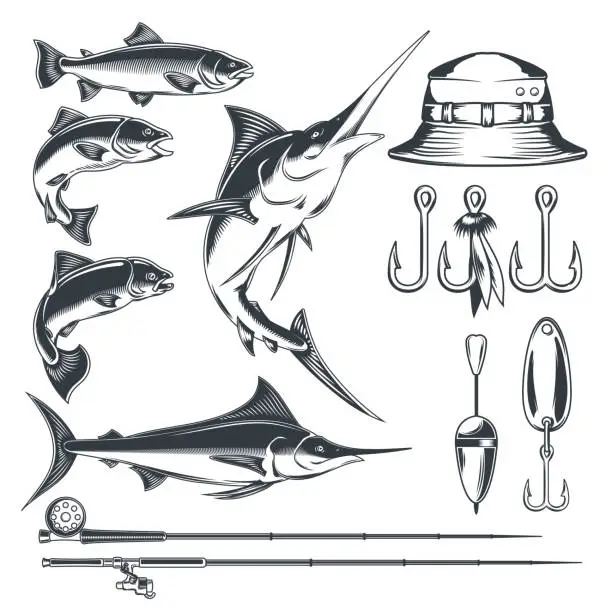 Vector illustration of Set vector icons on the theme of fishing