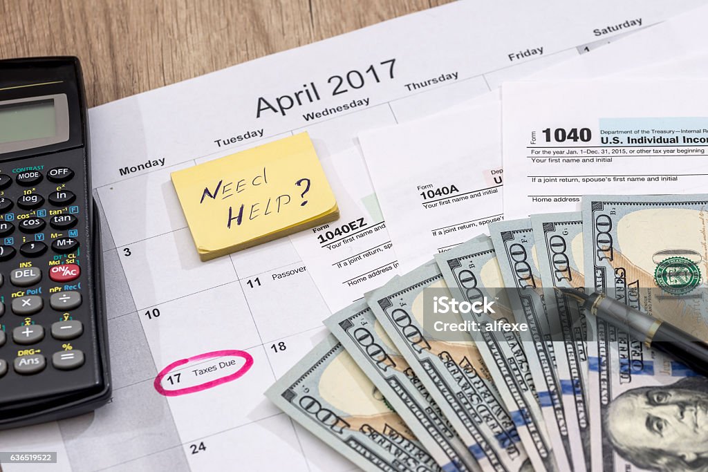 text "need help" with tax form, money and calendar. Tax Stock Photo