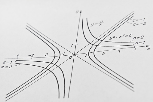 Closeup of several hyperbolic curves and coordinate axis