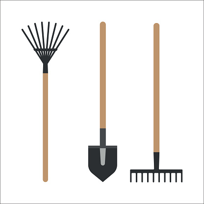Set of agriculture farming tools on white. Spring garden equipment flat set. Vector rake for cleaning harvesting green plants cartoon tree graphic element. Taking care of nature.