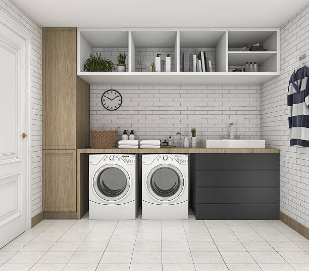 3d rendering wood minimal laundry room with shelf and plant stock photo