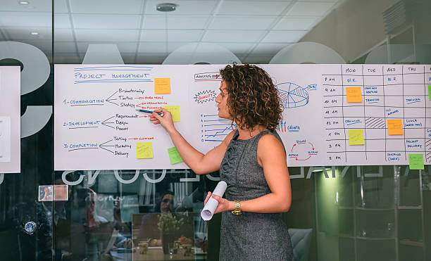 istock Female coach showing project management studies over glass wall 636521860
