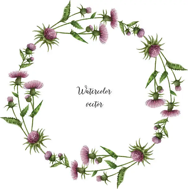 Vector illustration of Watercolor vector round frame of milk Thistle.