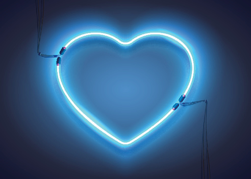 Bright heart. Neon sign. Retro blue neon heart sign on dark background. Design element for Happy Valentine's Day. Ready for your design, greeting card, banner. Vector illustration.