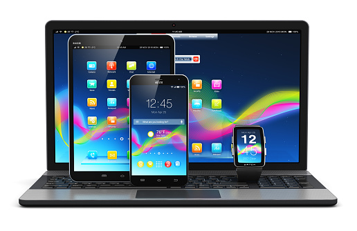 Creative abstract mobility and modern internet business communication technology web concept: 3D render illustration of modern mobile devices - black glossy touchscreen smartphone or mobile phone, tablet computer PC, laptop or notebook and smartwatch or clock or fitness tracker with colorful screen interfaces with icons and buttons isolated on white background