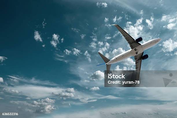 Airplane At Fly On The Sky With Clouds Stock Photo - Download Image Now - Aerospace Industry, Business, Speed