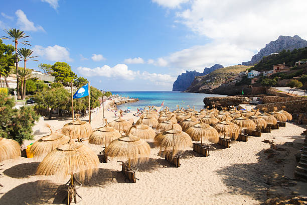 San Vicente, Spain - October 4, 2016: The awesome location of San Vicente on Mallorca, Spain. Lots parasols are standing on the beach to spend some shadow to the tourists lying underneath. The bay is famous for the steep cliffs surrounding the scenery.