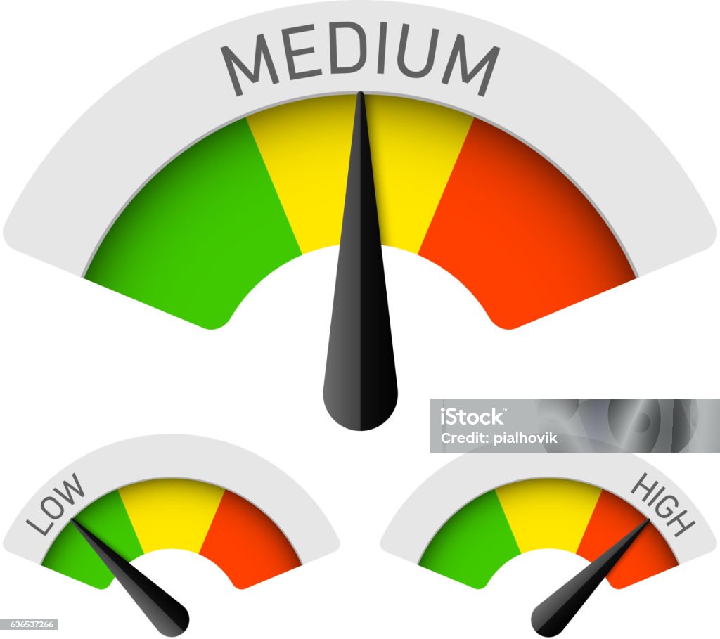 Low, Medium and High gauges Vector illustration with transparent effect, eps10. Pressure Gauge stock vector