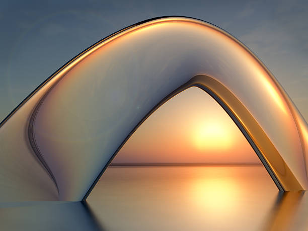 Sea Sunset Crystal Arch An abstract background glass arch in sea over sunset, 3d illustration. arise and shine stock pictures, royalty-free photos & images